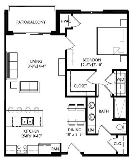 Floor plan for 1 bed, 1 bath, 910 sqft